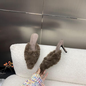 Elegant Brown Furry High Heel Slippers for Women Pointed Toe Covered Head Shoes Comfortable Indoor Slippers Trendy Autumn Winter