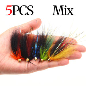 ICERIO 5PCS Salmon Steelhead Fishing Fly Brass Conehead Tube Fly Sea Bass Teasers Blue Orange Black Green Colors