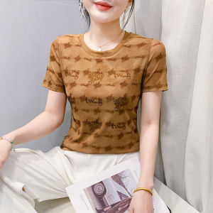 Yimei Cổ Tròn Chữ Rhinestone lưới tay ngắn T-Shirt cho phụ nữ trong mùa hè 2025 đơn giản và phong cách linh hoạt thời trang và thanh lịch áo in hình