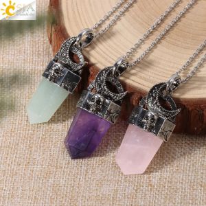 Vintage หินธรรมชาติสร้อยคอจี้สําหรับผู้ชาย Skull Reiki Moon จี้ Healing อเมทิสต์ Labradorite คริสตัลสร้อยคอ H464