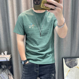 Mens Short Sleeve T-Shirt Linen Cotton Lightweight Summer New Style Fashionable Slim Fit Printed round Neck Top for Youth