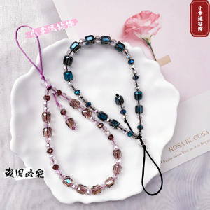 สายคล้องโทรศัพท์มือถือสายคล้องโทรศัพท์มือถือสายคล้องคริสตัลร้อยลูกปัดทำด้วยมือสไตล์ INS แบบหิ้วสีม่วงสายคล้องข้อมือแบบสั้นจี้ห้อยคอกันกระแทกแข็งแรงทนทาน