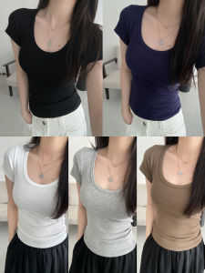 เสื้อยืดคอกลมแขนสั้นทรงสลิมฟิตสำหรับผู้หญิงในช่วงฤดูร้อน เสื้อเชิ้ตพื้นฐานสีพื้นแขนสั้นคอกลม U สำหรับใส่ไปทำงาน