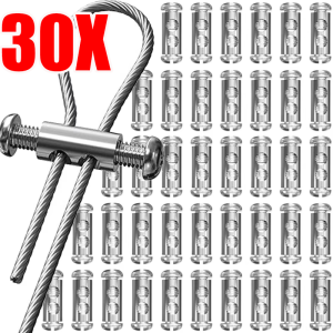 30Pcs Telescopic Lock Steel Wire Rope Clamps / Double Hole Cross Screw Tightening Buckles / Universal Suspension Cable Metal Locking Fastener Clips