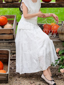 XIAOER | White Elastic Waist Long Skirt with 100 Percent Ramie and Feather Embroidery Lining
