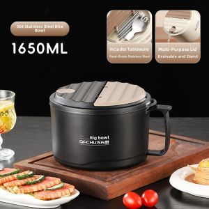 Large Capacity Drainable Instant Noodles Bowl 304 Stainless Steel with Lid Convenient Soup Bowl Student Meal Bowl Kitchenware