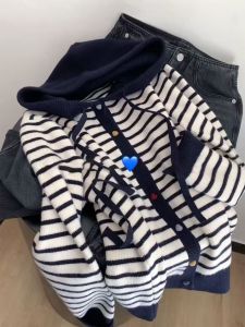 Casual Style Loose Fit Womens Knitted Open Cardigan Striped Color Block Button Design Long Sleeve Sweater Jacket for Autumn