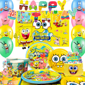 Potdemiel | 99 Pcs SpongeBob Party Decorations & SpongeBob Birthday Tableware - SpongeBob Plates Balloon Banners Etc. SpongeBob Party Suppli