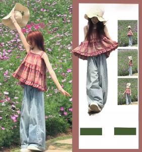 Summer Outfit Sweet And Spicy Plaid Strap Womens Small Size Denim Wide Leg Pants Two Piece Set Cotton Material Fashion Set