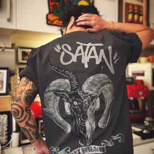 Loose Fit Pure Cotton Short Sleeve T-Shirt Devil Lamb Head Pattern Large Size 300 Pounds Dark Style Mens Summer Top