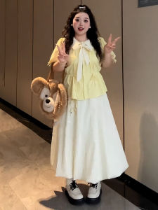 plus Size Sweet Matching Set Short Sleeve Floral Half Skirt Two Piece Set Women Fat MM Meat Conceal Slimming Summer Set