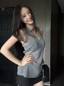BINKAFENNY | Gray Shiny Backless Vest Women Summer Outdoor Wear Irregular Design Sensation Sleeveless Top Neck Hanging Backless Fashion
