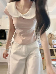 French Sweet Young Doll Collar Short Sleeve T-Shirt Women Summer Slimming Unique Beautiful Short Top Cute Style Geometric Pattern