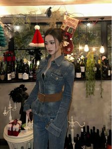 Retro Polo Collar Long Sleeve Denim Shirt Women Spring New Korean Style Chic Waist Cinching Slimming Top Commute Fashion