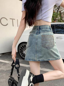 กระโปรงยีนส์ทรงเอเอวสูงปักลายกระเป๋าสำหรับฤดูร้อนปี 2025 กระโปรงสั้นทรงเข้ารูปเข้ารูปสำหรับผู้หญิงวัย 18-24 ปี