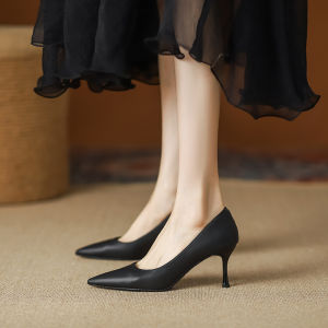 Black High Heels Womens Thin Heel Genuine Leather New 2025 Spring Formal Pointed Toe Work Shoes Profession Single Shoes