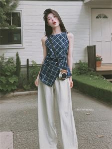 BINKAFENNY | Youthful and Stylish Summer Outfit Set with Checkered Vest and Wide Leg Pants
