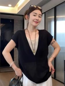 เสื้อยืดแขนสั้นสีดำสไตล์เกาหลีไซส์ใหญ่ ทรงเข้ารูป ปกปิดหน้าท้อง ดีไซน์เรียบง่าย ดีเทลผูกโบว์ ผ้าฝ้ายผสมโพลีเอสเตอร์