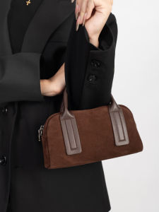 Suede Leather Bowling Bag Style Handbag Womens Fashionable Soft Handbag Zipper Closure Casual Commuting Shoulder Bag