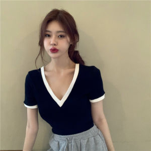 A881 Plus Size V-neck Color-Block Short-Sleeved T-shirt Womens Summer New New Arrival Silm Slim Looking Easiest for Match Trendy Bottoming Tops