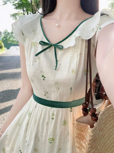 HUAYILING | French Vintage White Floral Dress Women Summer New Design Sensitivity Gentle Waist Inward Long Dress Sweet High Waist A-Line Skirt V-Neck Short Sleeve