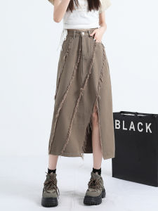 QIAOMIDUO | Váy midi denim mỏng mùa hè cho nữ màu nâu dài đến giữa bắp chân thiết kế chữ A cạp cao có túi và khóa kéo