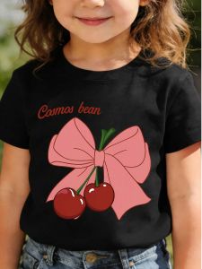 Bandai | Childrens Short-sleeved T-shirts for Boys and Girls Loose and Breathablecherry with Bow Cute Cherry Fruit Bow Cherry Decor
