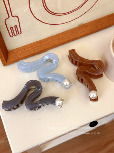 Large Size Pearl Imitation Geometric Wave Hair Claw Womens Stylish New 2025 Shark Clamp Back of Head Hair Clip Fashionable