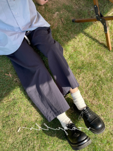 กางเกงขายาวผ้าลินินคอตตอนสไตล์ญี่ปุ่นสำหรับผู้หญิง กางเกงขายาวทรงหลวมสบาย ๆ สีน้ำเงินเข้ม กางเกงขายาวทรงหลวม ทรงสลิมฟิต กางเกงขายาวทรงหลวม