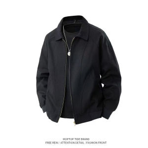 แจ็คเก็ตผู้ชายสไตล์อเมริกันลำลองฤดูใบไม้ผลิและฤดูใบไม้ร่วงคอพับแฟชั่นสำหรับผู้ชาย แจ็คเก็ตแบบสวมหัวแบบไม่มีปก