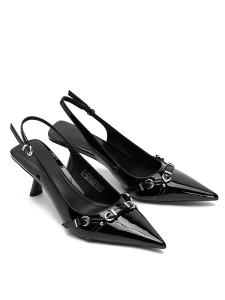 Spring 2025 High Heel Sandals for Women in Black Lacquer Leather Pointed Toe Thin Heel Backless Single Shoes Fashionable Mature Style