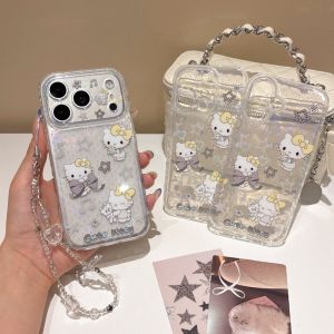 Sanrio | Clear Glitter Laser Star Heart HelloKitty Phone Case With Crystal Bead Wrist Lanyard Shockproof Cover For iPhone 16 15 17 ProMax