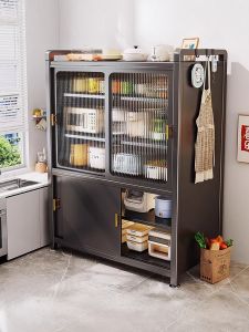 Kitchen Multi-Function Storage Rack Sliding Door Home Use Floor Cabinet Pot And Dish Organizer Dustproof Multi-Layer Cabinet