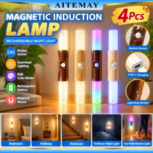 Aitemay 4pcs RGB Motion Sensor Night Light Double Head Magnetic LED Lamp USB Rechargeable Wardrobe Cabinet Light For Bedroom Hallway Stairs