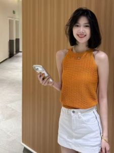 YUEZHONGWEI | Áo Thun Ngực Khỏa Tùng Vải Lụa Băng Đan Sợi Cam