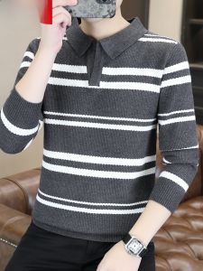 HENGYUANXIANG | Hengyuanxiang Mens Casual Knitted V-neck Polo Shirt Striped Sweater Spring Autumn Fashionable Polyester Blend Anti-wrinkle