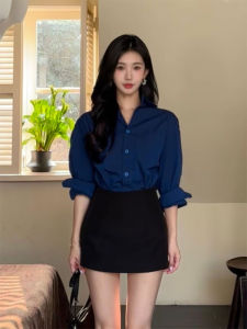 YUFUQING | French Style Blue Shirt Womens 2025 New Hot Item Spring Super Beautiful Black Bodycon Skirt Two-Piece Set Long Sleeve Polyester