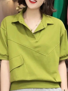 Summer New Womens Pure Cotton Short Sleeve T-Shirt Polo Shirt Turn-down Collar Slimming Belly Concealing Casual Loose Fit