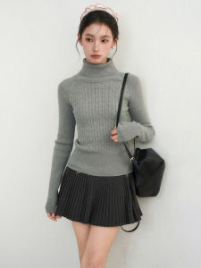Gray Thickened High Collar Twisted Shoulder Knitted Sweater Womens Autumn Winter Short Slim Fit Inner Shirt Top