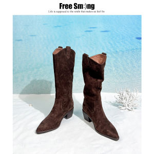 ฟรียิ้มหรูหรา ผ้าขนแกะ รองเท้าบู๊ตพับ Taffeta พื้นผิว หนังนิ่มรองเท้าบูทคาวบอยตะวันตก Pure หนัง Medium Tube Bootie