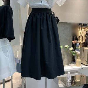 High Waist A-Line Midi Skirt Black Full Flounce Hepburn Style Slimming Umbrella Skirt Versatile Pure Color Summer Collection