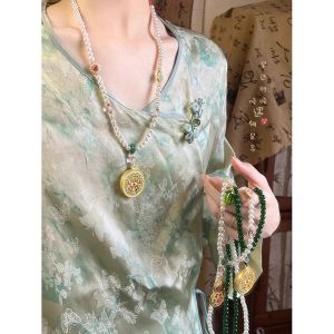 New Chinese Retro round Bead Necklace Womens Hanfu Qipao Sweater Chain Ancient Ethnic Style Accessories Horse Tailed Skirt