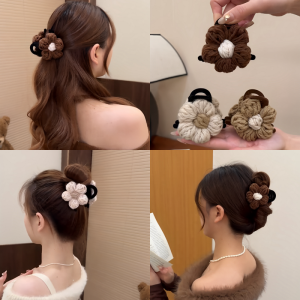 กิ๊บติดผมลายดอกไม้ผ้าขนสัตว์สำหรับผู้หญิง กิ๊บติดผมหางม้าสูง กิ๊บติดผมหางฉลามขนาดเล็ก ฤดูใบไม้ร่วงและฤดูหนาว เครื่องประดับผม