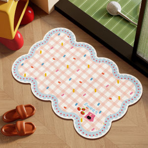 VIKAMA Pink Check Lace Wavy Shaped Bath Mat Non Slip Washable Absorbent Rug Sweet Cartoon Kids Room Home Decor Mat