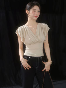 Elegant Lightweight Modal V-Neck Ruffle Peplum Waist T-Shirt