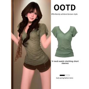 ZUKUN | Green V-Neck Short-Sleeve Batwing Sleeve Fitted Waist T-Shirt