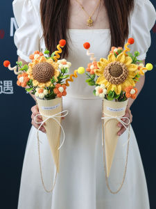 Handmade Creative Crochet Sunflower Bouquet & Ice Cream Cone Gift for Women's Day Festival Supplies Creative Gifts