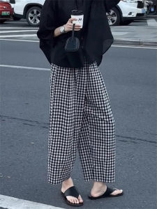 Quần Ống Rộng Kẻ Caro Đen Trắng Cạp Cao Cho Nữ Mùa Thu Phong Cách Mới Quần Ống Rộng Rộng Rãi Thoải Mái