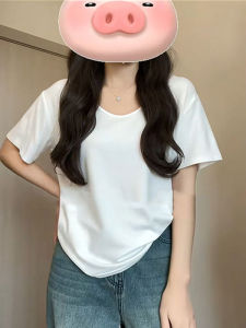 Summer White V-Neck Pure Cotton Short Sleeve T-Shirt Womens Fashion Korean Style Slim Fit Shoulder Sweet And Spicy Top