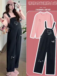Maternity Denim Overalls Womens Spring Summer Black High Waist Long Pants Bear Print Onesie Suit Adorable Japanese Style